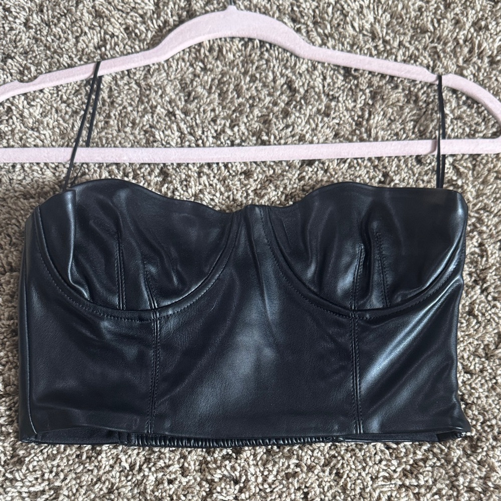 Black Faux Leather Strapless Bustier Top